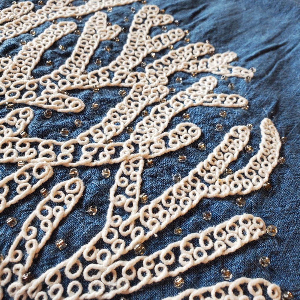 Coastal Collection Blue Cotton Coral‎ Embroidered Beaded Table Runner 74x13